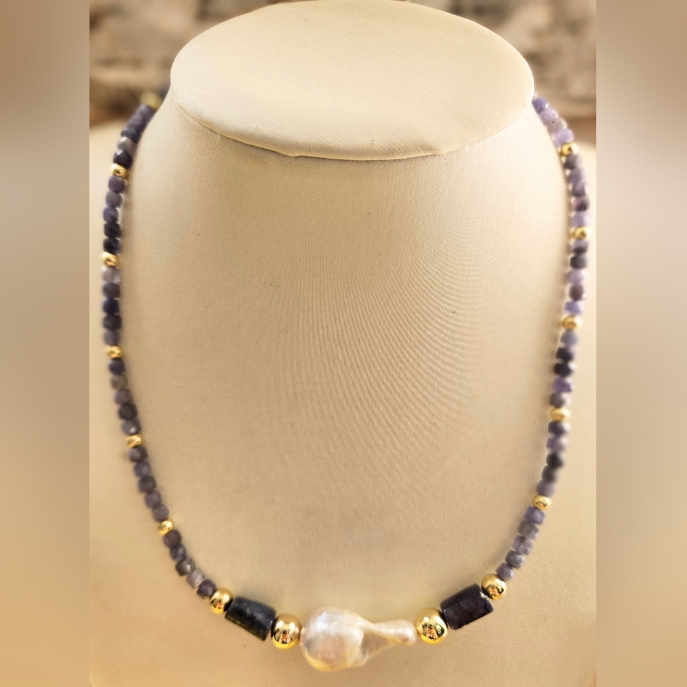 Genuine Tanzanite And Huge Freshwater Baroque Pearl Center In GP Necklace